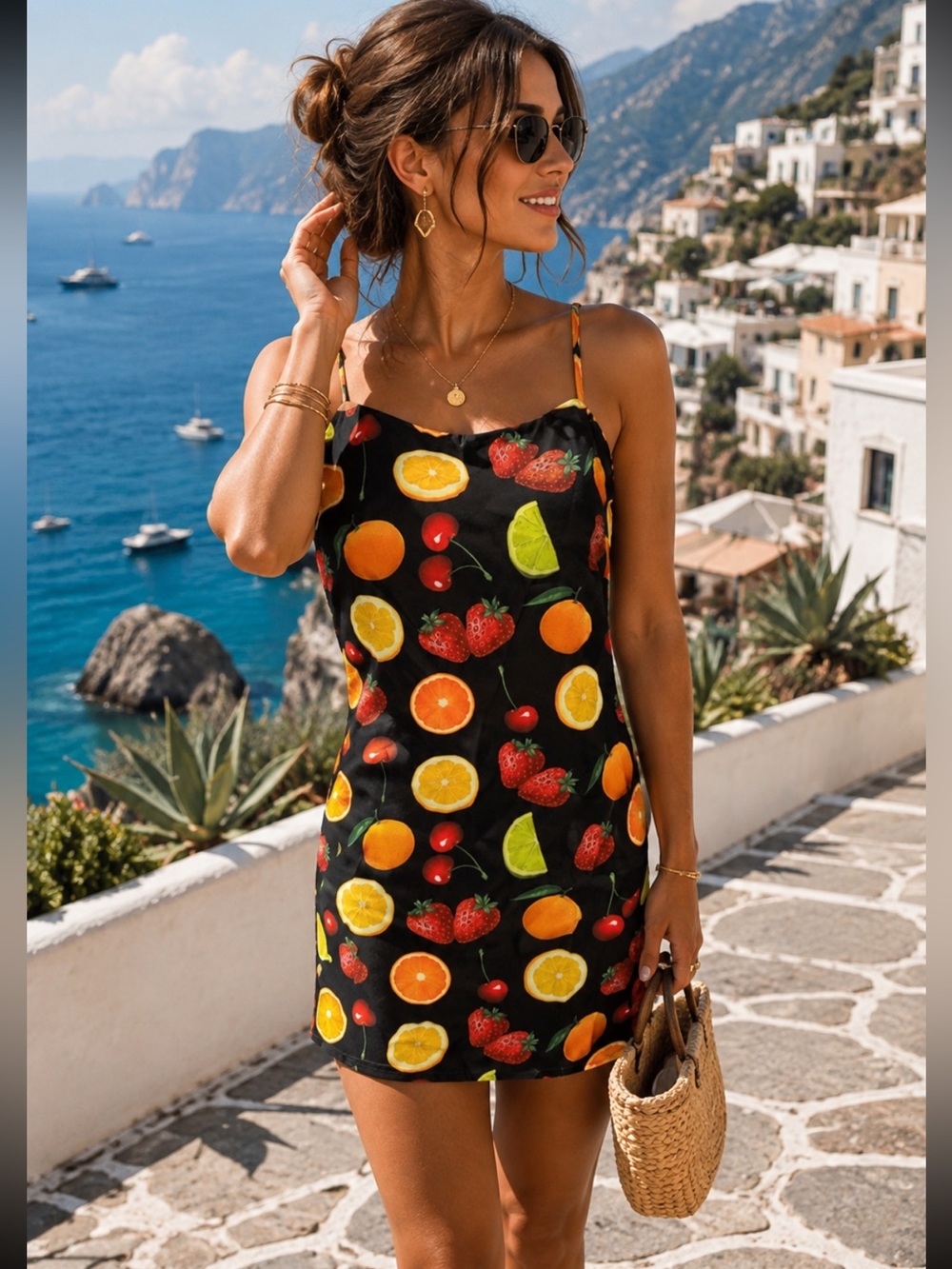 Sugar Thrillz X Dolls Kill Black Fruit Print Y2K Coquette Mini Slip Dress NWT S